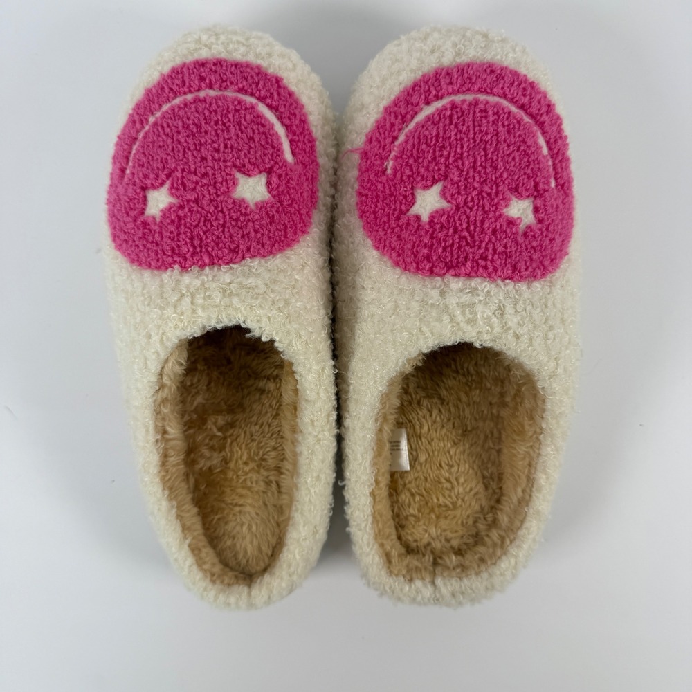 Smiley Face Star Eyes Sherpa Slippers Cream Pink Faux Fur House Shoes Medium 7-8